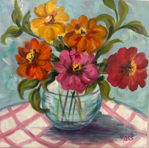Zinnias mixed media