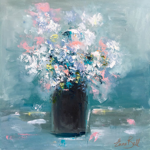White Flowers in a Black Vase painting Emma Bell - Christenberry Collection