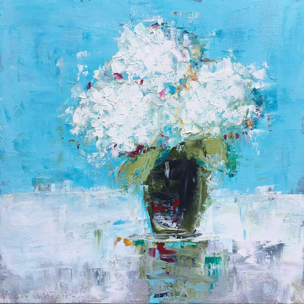 White Hydrangeas with Aqua painting Emma Bell - Christenberry Collection