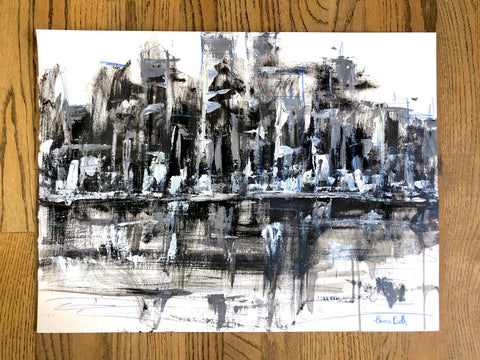 Black and White City Reflections painting Emma Bell - Christenberry Collection