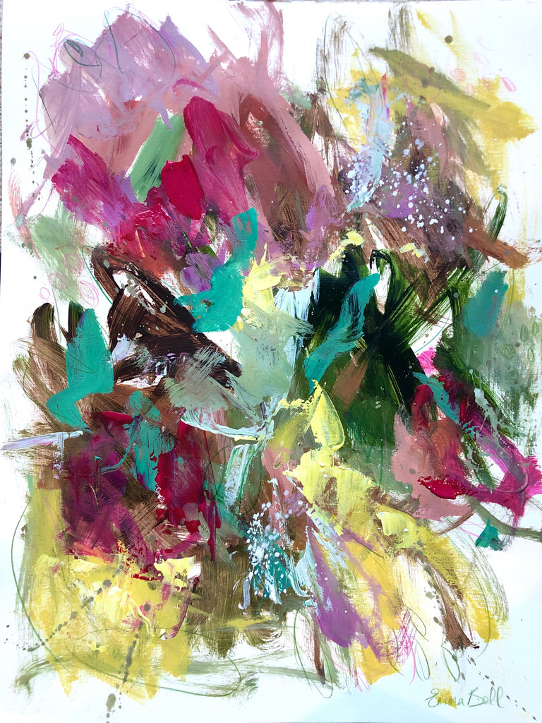 Pink and Yellow Floral Haze painting Emma Bell - Christenberry Collection