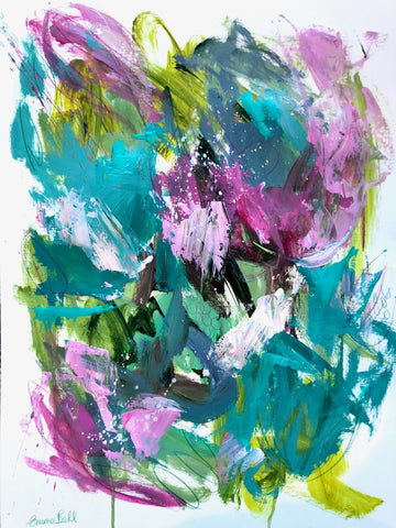 Aqua and Pink Floral Haze painting Emma Bell - Christenberry Collection