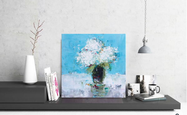 White Hydrangeas with Aqua painting Emma Bell - Christenberry Collection