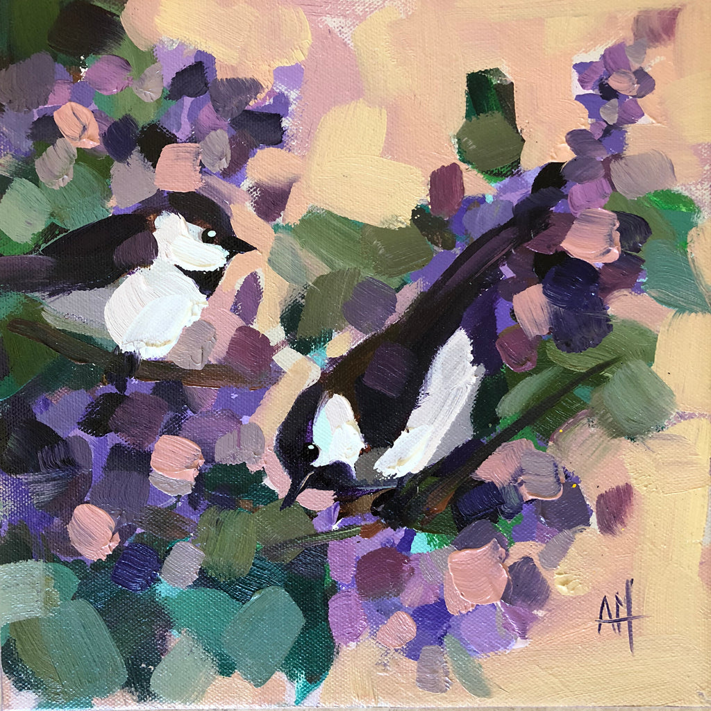 Two Chickadees No. 85 painting Angela Moulton - Christenberry Collection