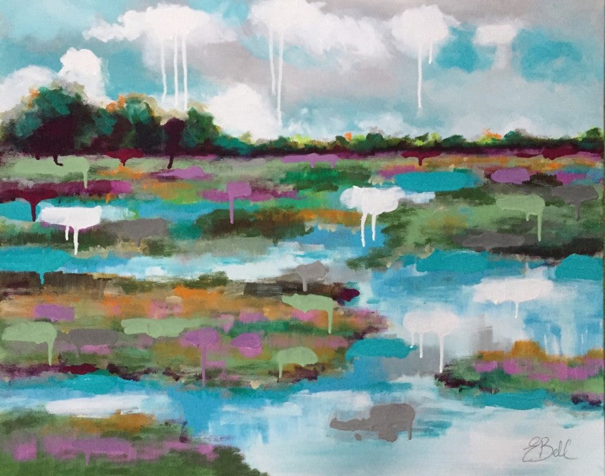 Marshland in Aqua and Purple painting Emma Bell - Christenberry Collection