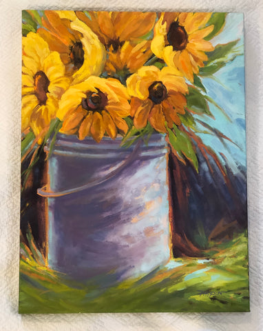 Bucket of Sunflowers painting Barbara Hayden - Christenberry Collection