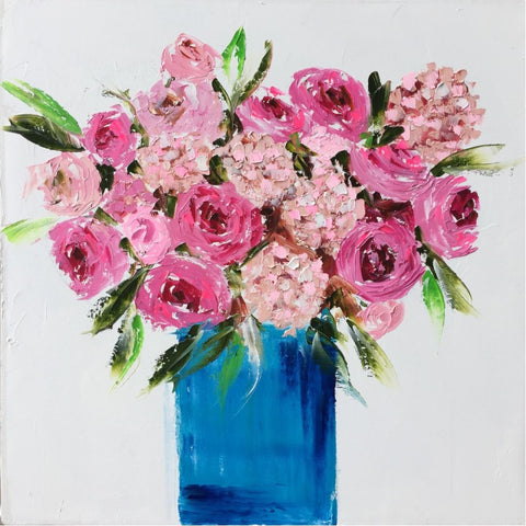Pink Flowers in a Blue Vase painting Emma Bell - Christenberry Collection