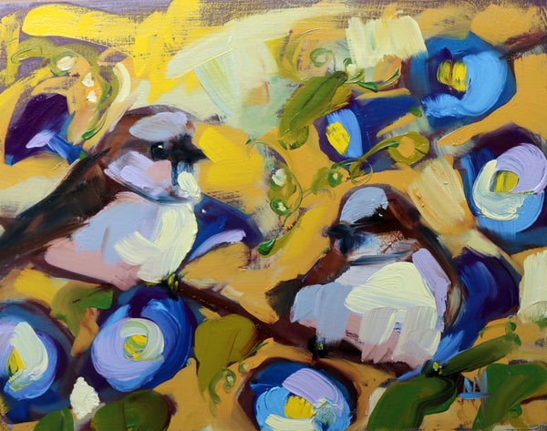 House Sparrows and Morning Glory Vines painting Angela Moulton - Christenberry Collection