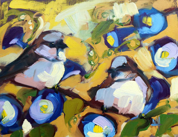 House Sparrows and Morning Glory Vines painting Angela Moulton - Christenberry Collection