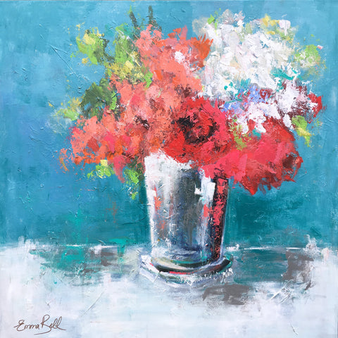 Red Flowers on the Table painting Emma Bell - Christenberry Collection