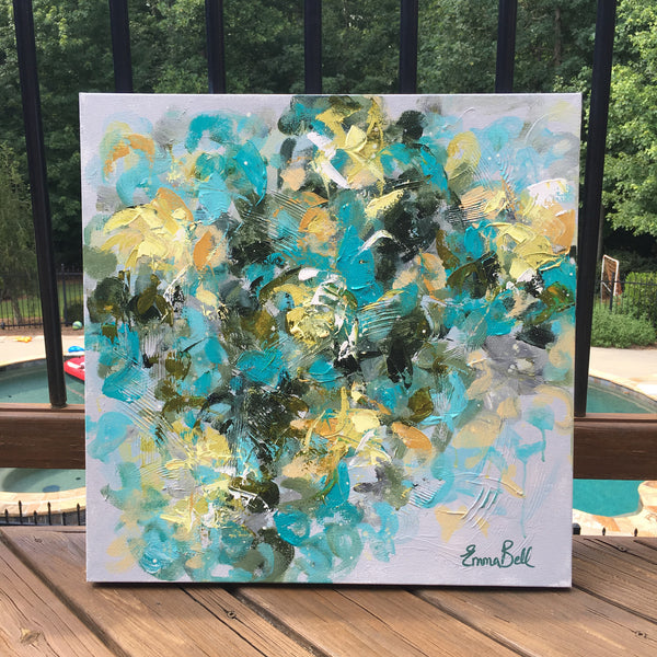 Aqua, Gray, Yellow, and White Floral Abstract painting Emma Bell - Christenberry Collection