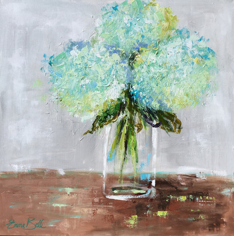 Aqua Hydrangeas in Glass Vase painting Emma Bell - Christenberry Collection
