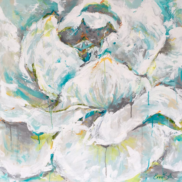 White and Aqua Rose painting Emma Bell - Christenberry Collection