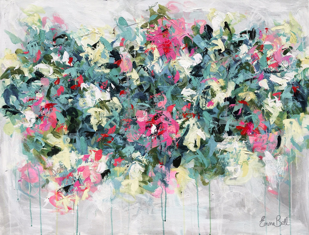 Aqua Pink Floral Flirt painting Emma Bell - Christenberry Collection