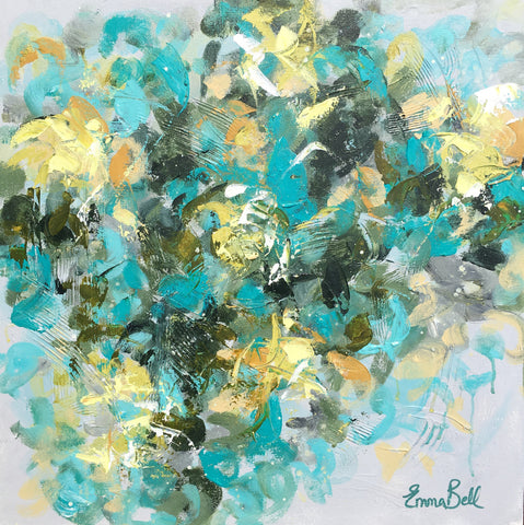 Aqua, Gray, Yellow, and White Floral Abstract painting Emma Bell - Christenberry Collection