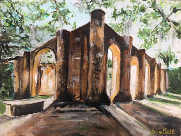 Old Sheldon Church Ruins painting Emma Bell - Christenberry Collection