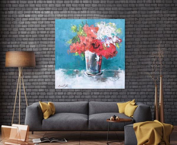 Red Flowers on the Table painting Emma Bell - Christenberry Collection