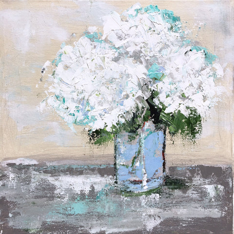 Hydrangeas on Gray Table painting Emma Bell - Christenberry Collection