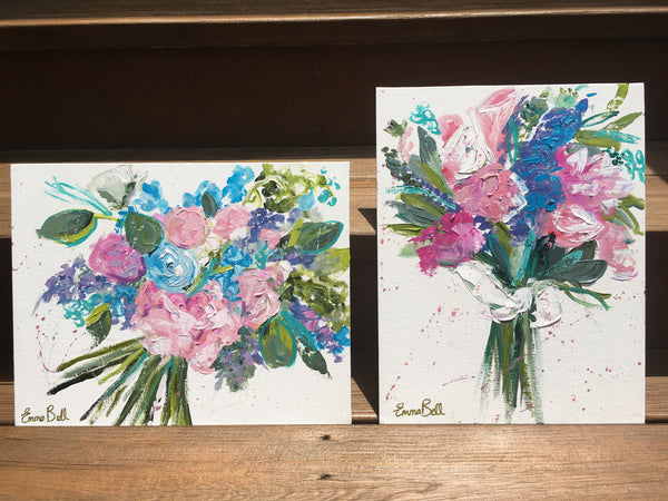 Mini Pink and Blue Bouquet II painting Emma Bell - Christenberry Collection