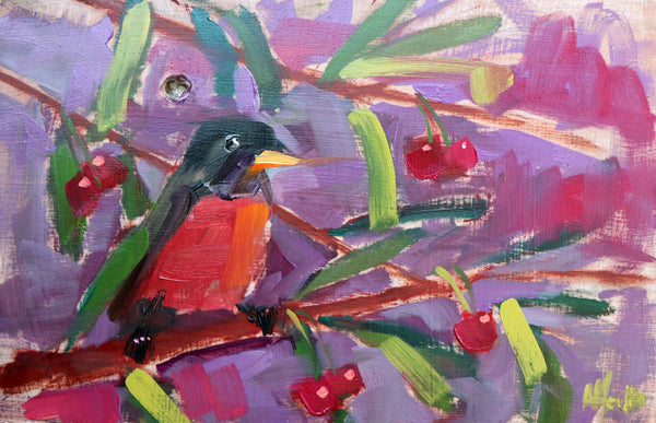 American Robin and Cherries painting Angela Moulton - Christenberry Collection