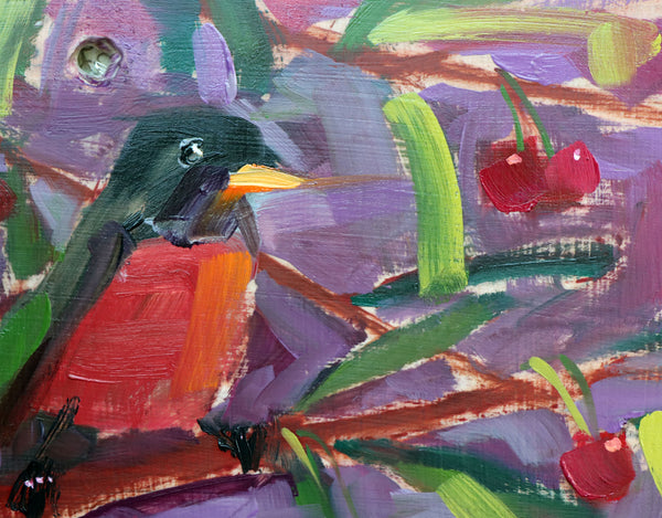 American Robin and Cherries painting Angela Moulton - Christenberry Collection