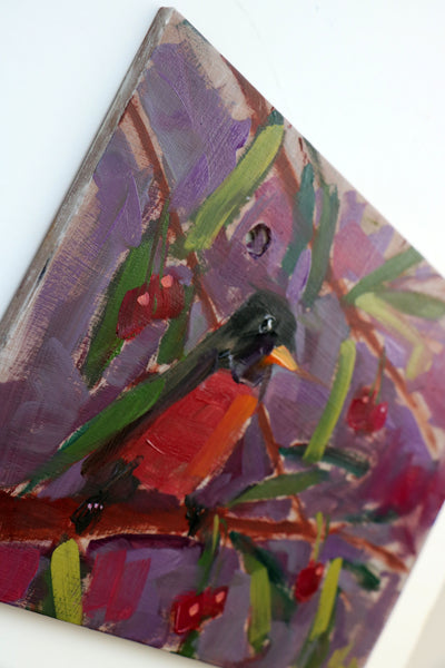 American Robin and Cherries painting Angela Moulton - Christenberry Collection
