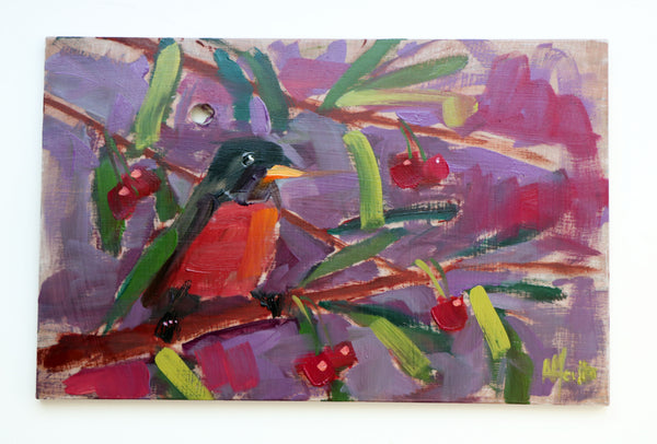 American Robin and Cherries painting Angela Moulton - Christenberry Collection
