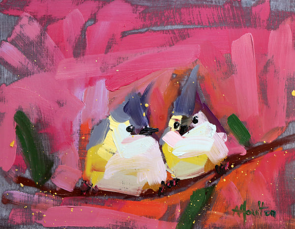 Tufted Titmice on Pink painting Angela Moulton - Christenberry Collection