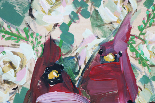 Two Cardinals and Roses painting Angela Moulton - Christenberry Collection