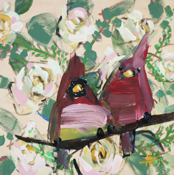 Two Cardinals and Roses painting Angela Moulton - Christenberry Collection