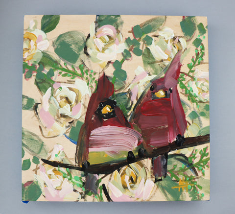 Two Cardinals and Roses painting Angela Moulton - Christenberry Collection