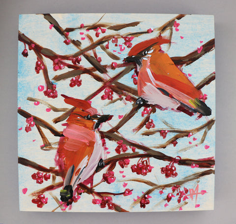Two Cedar Waxwings with Berries painting Angela Moulton - Christenberry Collection