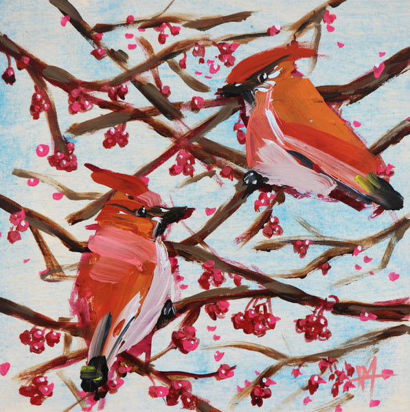 Two Cedar Waxwings with Berries painting Angela Moulton - Christenberry Collection