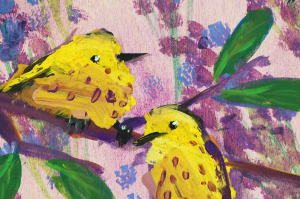 Two Yellow Warblers with Lavender painting Angela Moulton - Christenberry Collection