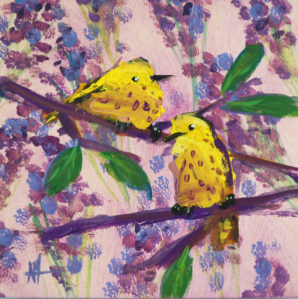 Two Yellow Warblers with Lavender painting Angela Moulton - Christenberry Collection