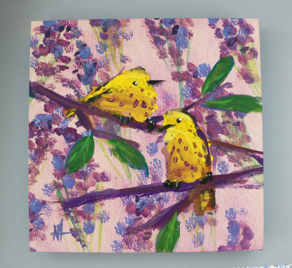 Two Yellow Warblers with Lavender painting Angela Moulton - Christenberry Collection